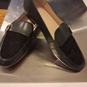 Cole Haan Black Leather and Suede Slip-On Loafers with Gold Accent